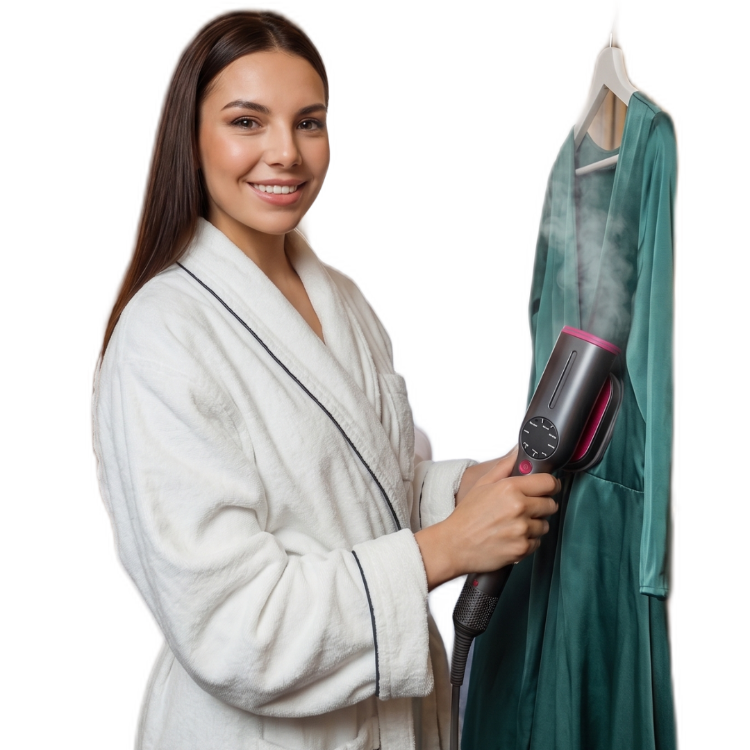 Woman in a white robe holding a garment steamer with a green garment on a hanger.