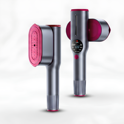 Two handheld steamers with pink nozzles on a white background