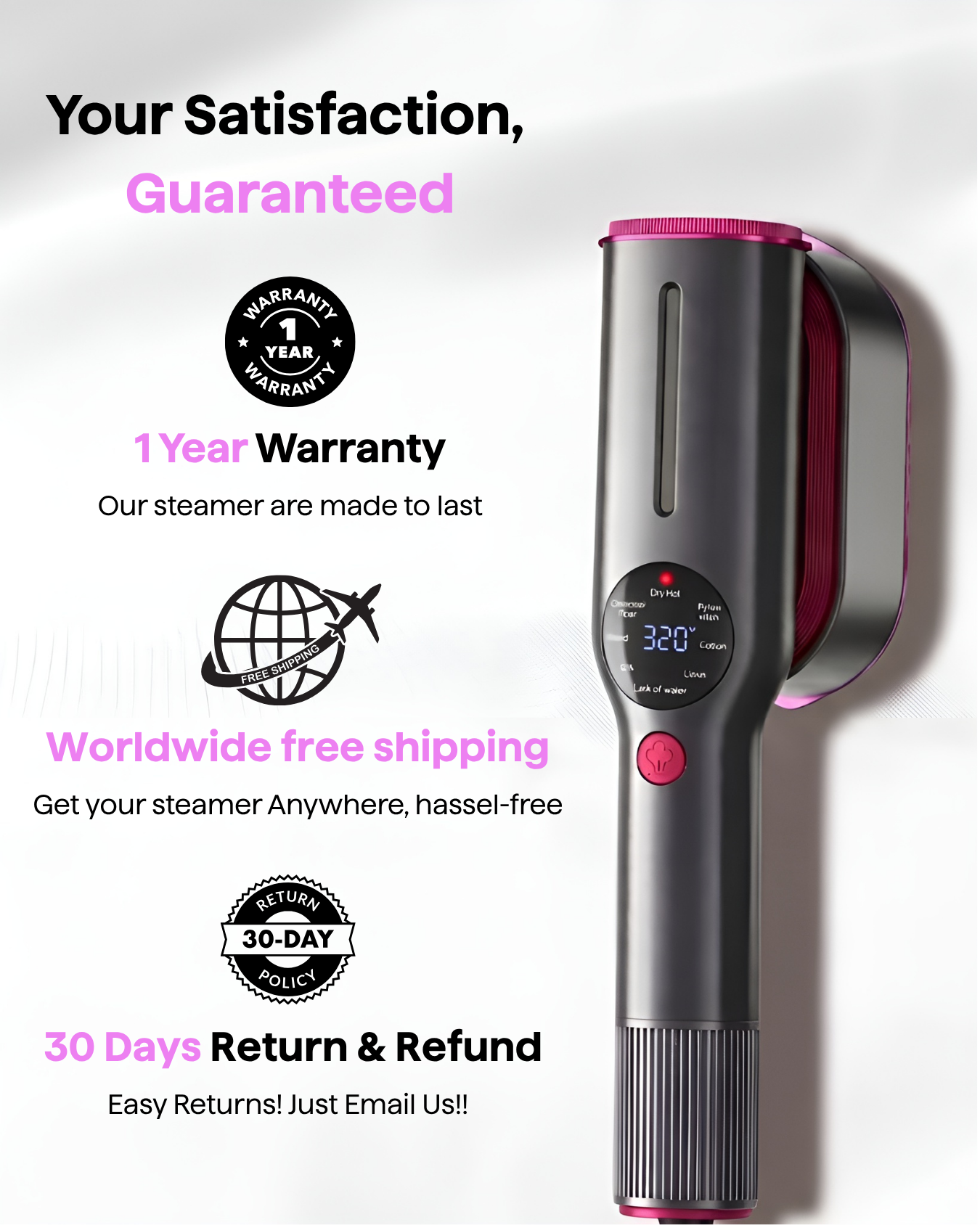 Handheld steamer with warranty and shipping information on a white background