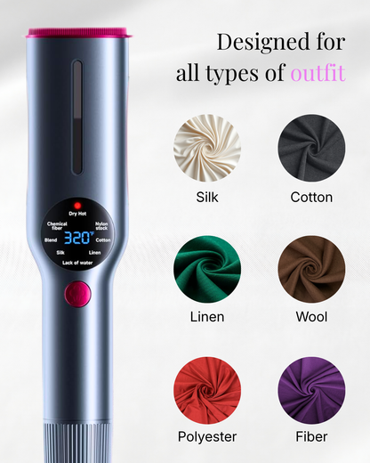 Hair straightener with temperature display and fabric type icons on a white background